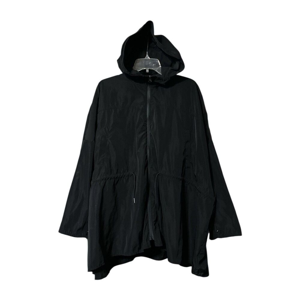 Zara Womens Black Hooded Lightweight Jacket L Oversized Zip 3/4 Sleeve Packable